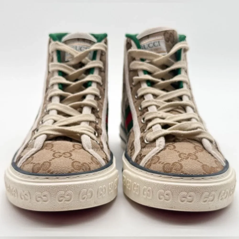 Gucci Tennis 1977 GG Monogram High Top Womens Sneakers Beige Tan EU 37.5 US 7.5